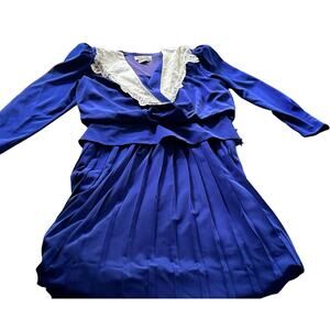 Vintage 80’s Fashion Lindsey Blake Blue Pleated Dress Long Sleeve Size 12 Retro